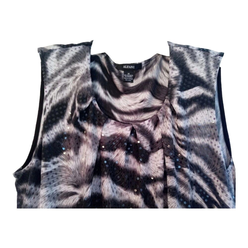 Alfani Shimmer Sparkle Zebra Print Draped Front Sleeveless Party Blouse M Tank - Picture 2 of 11